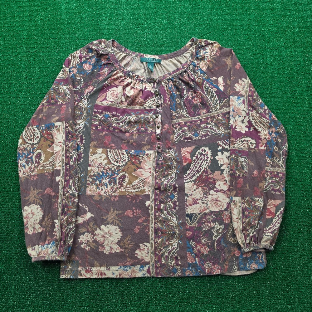 Lauren Ralph Lauren Floral Paisley Patchwork Blouse Womens Medium 100% Cotton